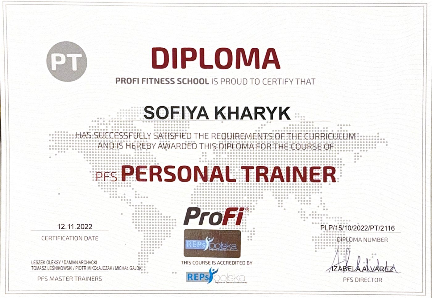 Диплом Personal Trainer, Profi Fitness School